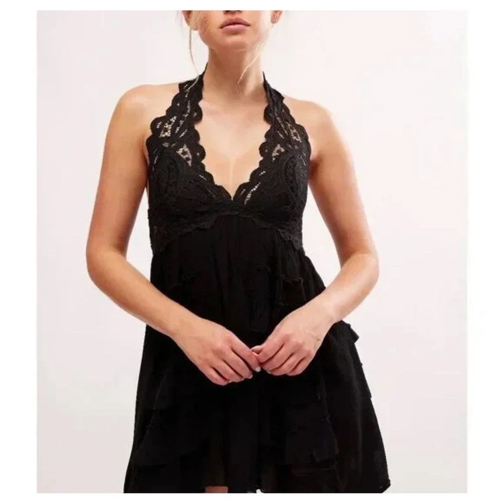 Free People Fp One Adella Babydoll Slip V Neck Black Lace Ruffle Dress Small - Picture 1 of 12